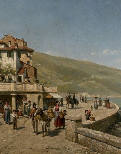 JACQUES FRANÇOIS CARABAIN (1834-1933) 
Scène animée sur les bords d'un lac, Italie
Huile...