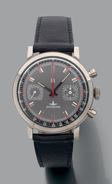 LIP pour DUGENA Vers 1970. °Chronographe acier 2 compteurs. Cadran gris, aiguilles...