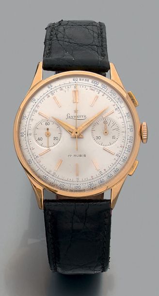 LEVRETTE Vers 1940. °Chronographe en or 18K 2 compteurs. Cadran argenté, index appliques...