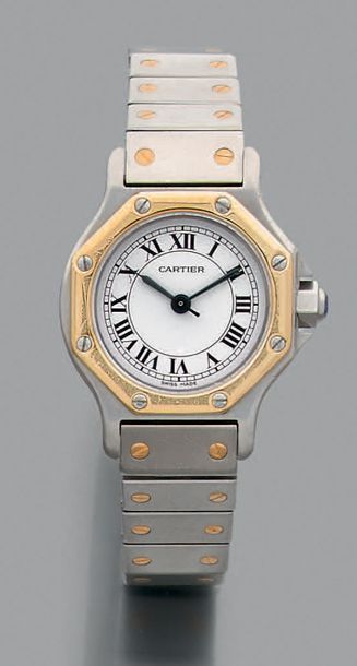 CARTIER °Santos. Vers 1970. Modèle dame or et acier. Cadran blanc, aiguilles feuilles...