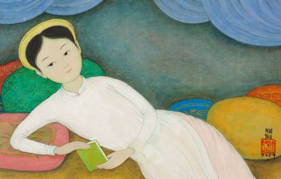 MAI trung THU (1906-1980) Femme aux coussins, 1966
Encre et couleurs sur soie, signée...