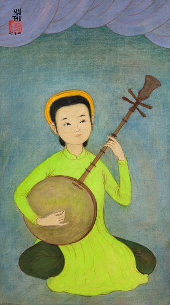 MAI trung THU (1906-1980) Musicienne à la guitare, 1972
Encre et couleurs sur soie,...