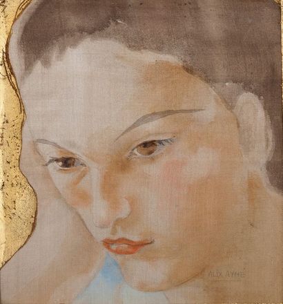 Alix AYMÉ (1894-1989) Jeune femme accoudée
Encre, couleurs et réhauts d’or sur soie,... Gazette Drouot