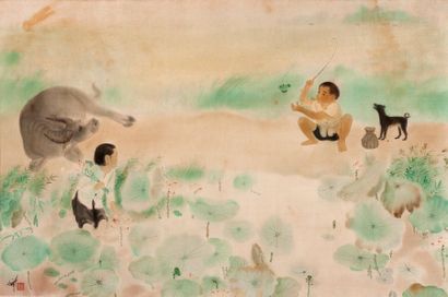 NGUYEN HOANG HOANH (1937) Jeux d’enfants
Encre et couleurs sur soie, signée en bas...
