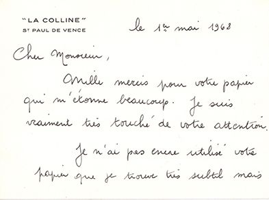 CHAGALL (Marc). 1887-1985. C.S. St-Paul de Vence, La Colline, 1er mai 1968. 2 pp....