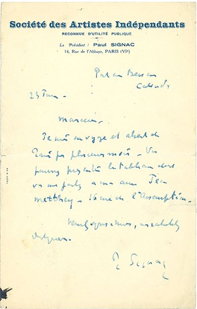 SIGNAC (Paul). 1863-1935. L.A.S. (à Claude Monet). Port en Bessin (Calvados), 23...