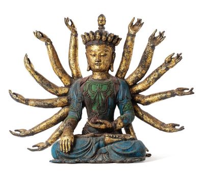 CHINE XVIIIe siècle Importante statue en bronze doré et polychrome, représentant...
