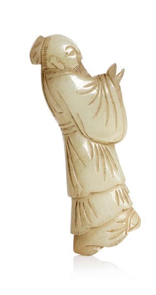 Chine XIXe siècle Sujet en jade céladon représentant un sage, les mains devant lui.
H....