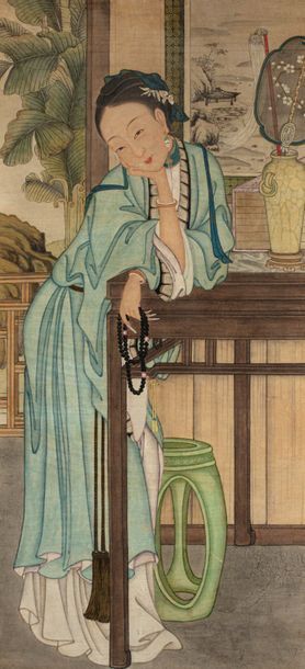 CHINE début XXe siècle Grand portrait sur papier, représentant une jeune femme en...