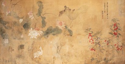 Chine XIXe siècle Grande peinture horizontale en couleurs sur papier représentant...