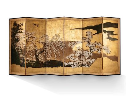 JAPON XVIIIe siècle Paravent à six feuilles de style Rimpa, peint en polychromie...