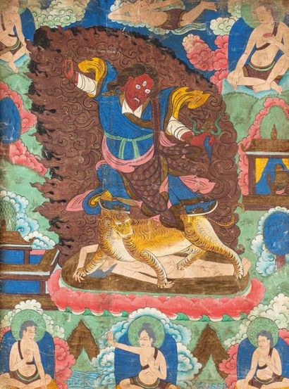 NÉPAL VERS 1900 
Thangka sur toile, représentant Vajrapani sur un tigre, entouré...