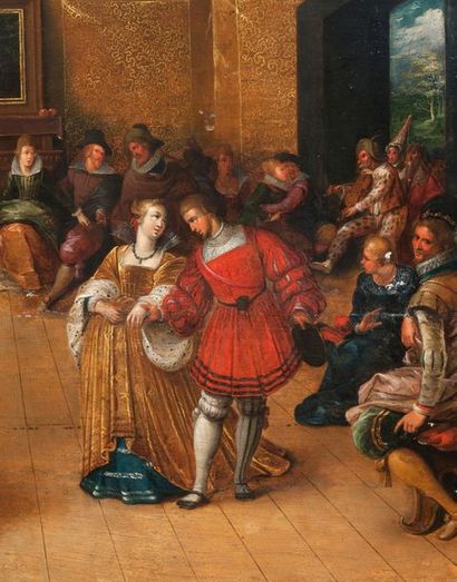 HIERONYMUS FRANCKEN II (ANVERS 1578 - 1623) 
Compagnie de danse dans un intérieur
Panneau...
