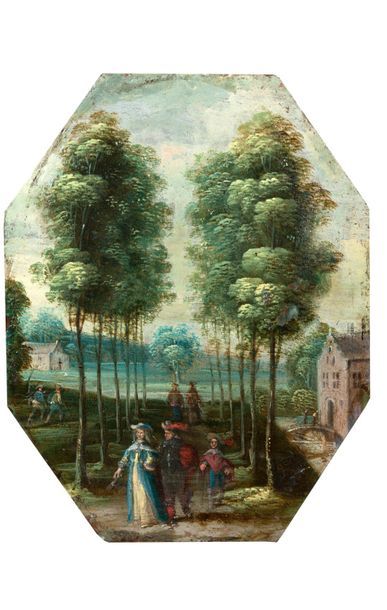 IZAACK VAN OOSTEN (ANVERS 1613 - 1661) 
Paysage aux promeneurs
Paire de cuivres 14,5...