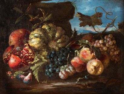 ÉCOLE ROMAINE VERS 1670, 
ENTOURAGE D'ABRAHAM BRUGHEL Grenade, melon et raisins
Pastèque...