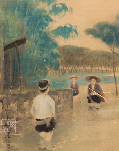NGUYEN PHAN CHANH (1892-1984) Dans la rizière, 1938
12 5/8 x 19 7/8 in.
Ink and color...