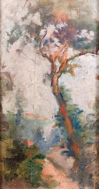 Victor TARDIEU (1870-1937) Chemin à l’arbre rouge
Huile sur panneau, signé en bas...