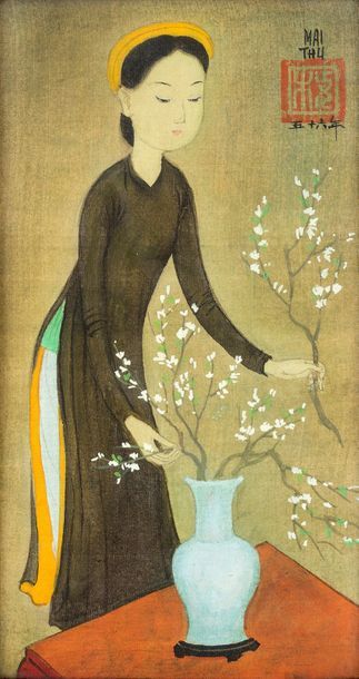 MAI trung THU (1906-1980) Femme arrangeant des fleurs, 1956
Ink and color on silk,...
