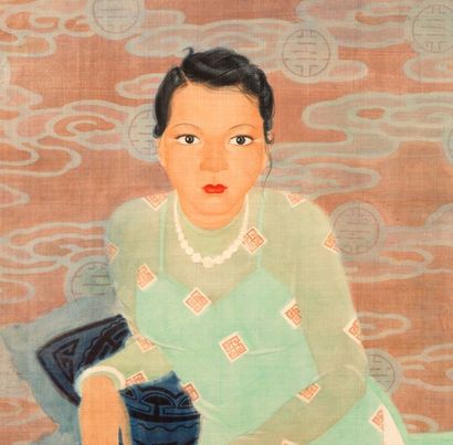 DIEP MINH CHÂU (1919-2002) Jeune fille songeuse, Hanoï, 1943
Encre et couleurs sur...