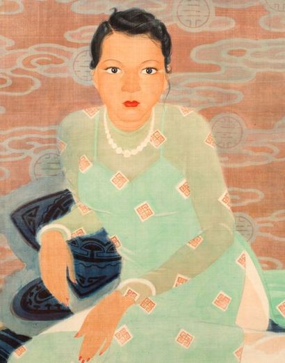 DIEP MINH CHÂU (1919-2002) Jeune fille songeuse, Hanoï, 1943
Encre et couleurs sur...