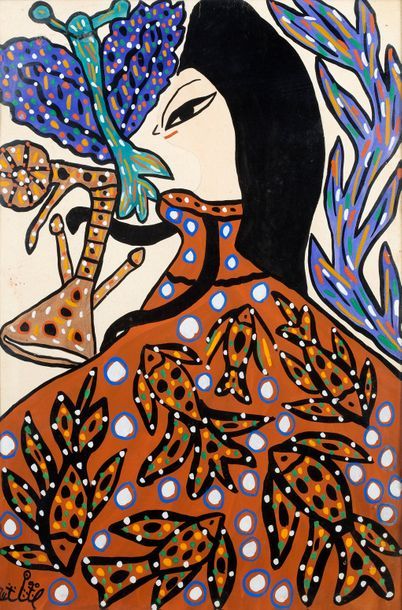 MAHIEDDINE BAYA (1931-1998) 
Jeune femme au papillon, 1984
Gouache sur papier, signée...