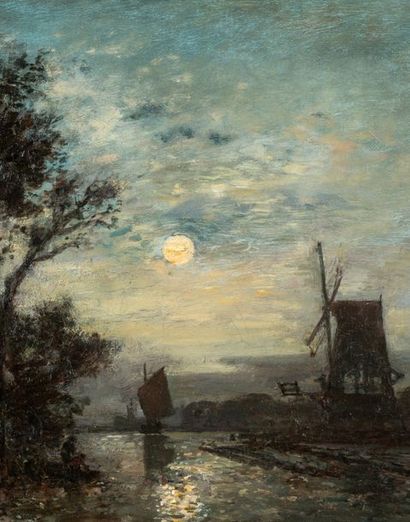 Johan-Barthold JONGKIND (1819-1891) Effet de lune, 1866 Huile sur toile, signée et...