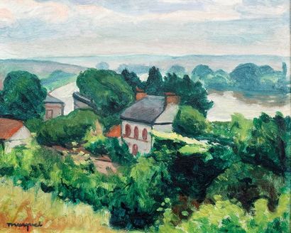 Albert Marquet (1875-1947) 
Village en bord de rivière
Huile sur isorel, signée en...