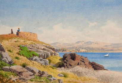 Joseph CONTINI (Milan 1827 - Cannes 1892) - Vue d'un bord de mer depuis les rochers
Aquarelle....