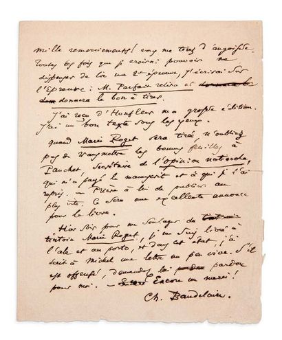 BAUDELAIRE (Charles). 1821-1867. Poète. L.A.S. «Ch. Baudelaire» à Noël Parfait. S.l.n.d....