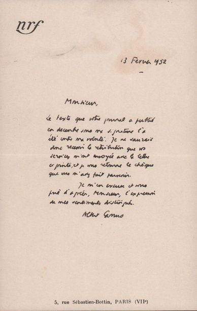 CAMUS (Albert). 1913-1960. Ecrivain, philosophe. L.A.S. (Paris), 13 février 1952....