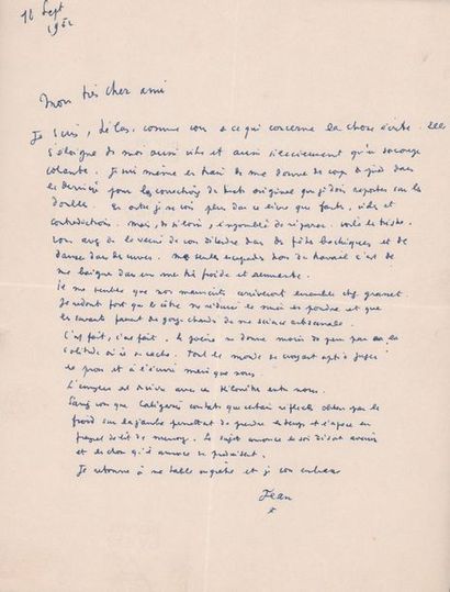 COCTEAU (Jean). 1889-1963. Ecrivain poète, artiste. L.A.S. S.l., 10 septembre 1952....