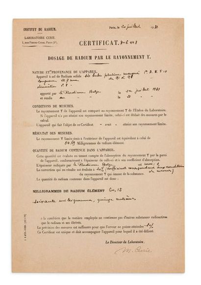 CURIE (Marie). 1867-1934. Physicienne et chimiste. P.S. Paris, 20 juillet 1931. 1...