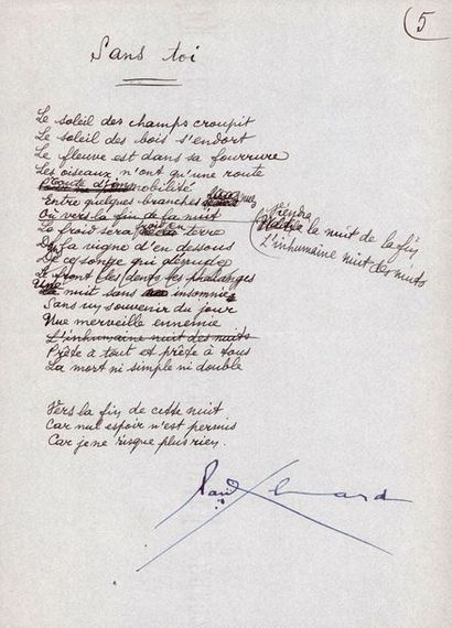 ÉLUARD (Paul). 1895-1952. Ecrivain poète. Poème aut. signé «Sans toi». S.l.n.d. 1...