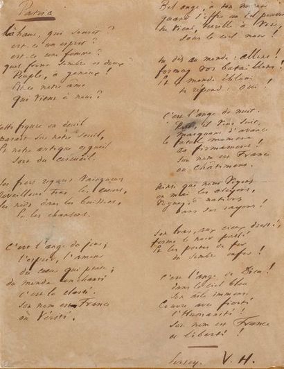 HUGO (Victor). 1802-1885. Ecrivain poète. Poème aut. «Patria» signé «V.H.» Jersey,...