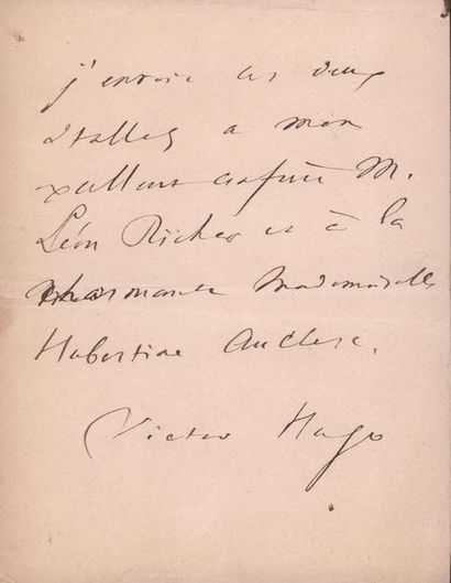 HUGO (Victor). 1802-1885. Ecrivain poète. B.A.S. S.l.n.d. 1 p. in-8.
Billet de Hugo...