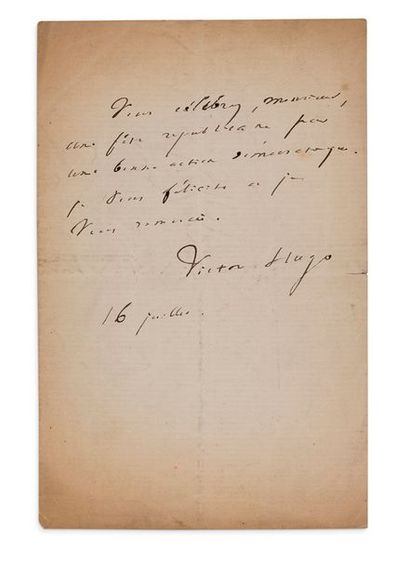 HUGO (Victor). 1802-1885. Ecrivain. B.A.S. «Victor Hugo». 16 juillet. Demi-page bi-feuillet...