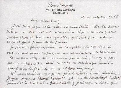 MAGRITTE (René). 1898-1967. Peintre surréaliste. L.A.S. Bruxelles, 10 octobre 1965....