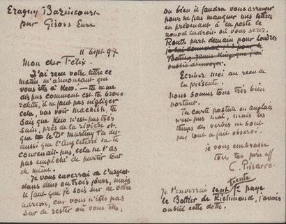 PISSARRO (Camille). 1830-1903. Artiste peintre. L.A.S. à son fils Félix. Eragny-Bazincourt...