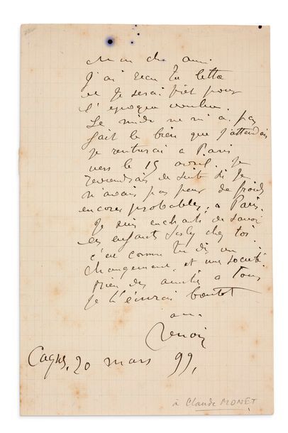 RENOIR (Auguste). 1841-1919. Artiste peintre. L.A.S. (à Claude Monet). Cagnes, 20...