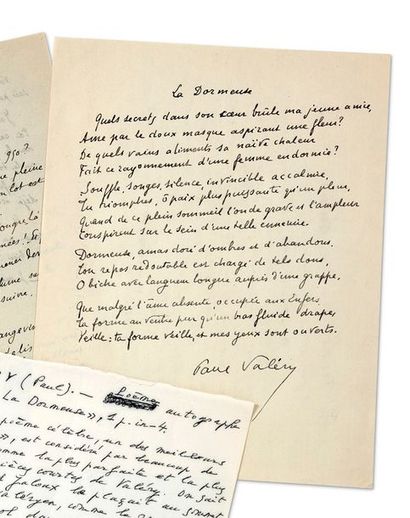 VALERY (Paul). 1871-1945. Ecrivain poète. Poème aut. signé «La Dormeuse». S.l.n.d....