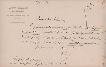 VERLAINE (Paul). 1844-1896. Ecrivain poète. C.A.S. «P.V.» à son cher Vanier. (Paris,...