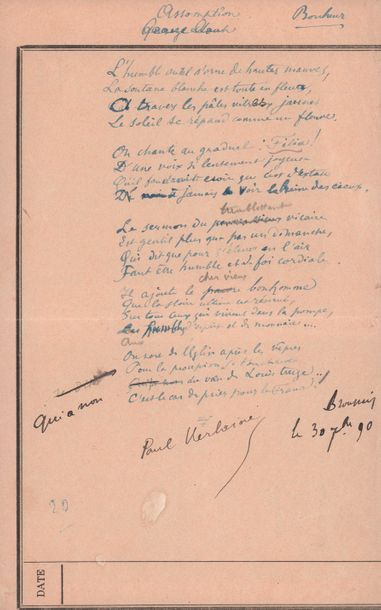 VERLAINE (Paul). 1844-1896. Ecrivain poète. Poème aut. signé «Assomption - Bonheur»....