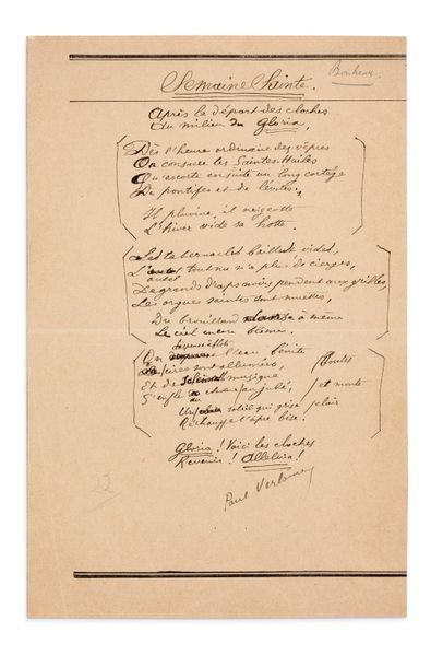 VERLAINE (Paul). 1844-1896. Ecrivain poète. Poème aut. signé. «Semaine Sainte.» S.l.n.d....