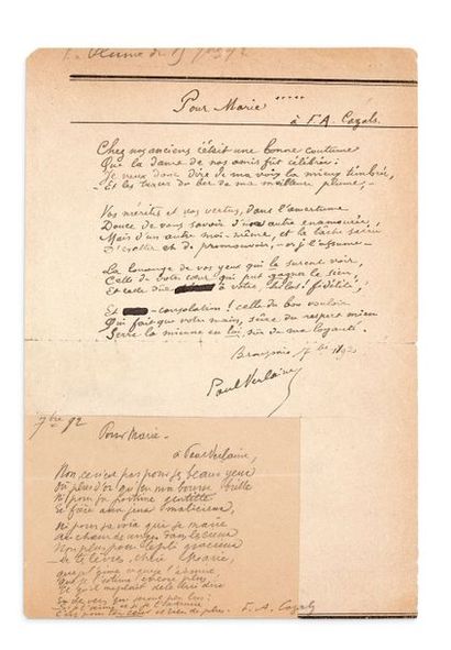 VERLAINE (Paul). 1844-1896. Ecrivain poète. Poème aut. signé «Pour Marie». septembre...