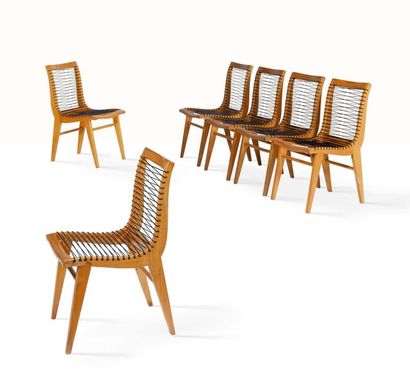 Louis SOGNOT (1892-1969) 
Suite de 6 chaises
Chêne, plastique
86 x 56 x 44 cm.
Circa...