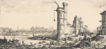 Jacques Callot. Vue du Pont Neuf et de la tour de Nesle. Vers 1630. Eau-forte. 332...