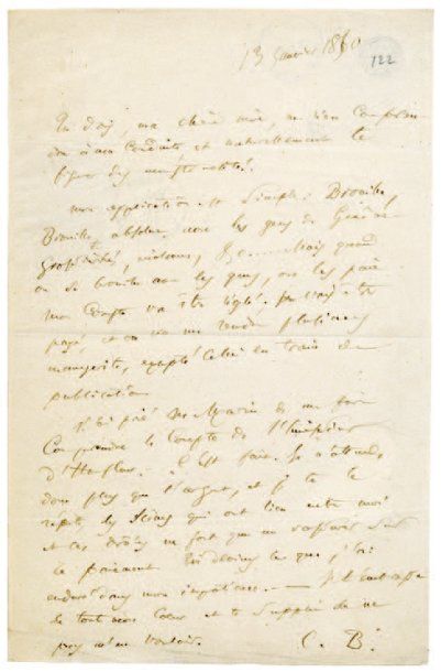 BAUDELAIRE (Charles). Lettre autographe à Madame Aupick, signée «C.B.», 13 janvier...