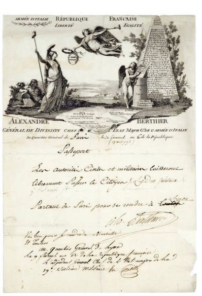 Alexandre BERTHIER (1753-1815) maréchal. P.S., Q.G. de Paris 30 germinal VI (19 avril...