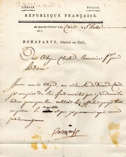 NAPOLÉON Ier. L.S. « Bonaparte », Q.G. du Caire 5 pluviose VII (24 janvier 1799),...