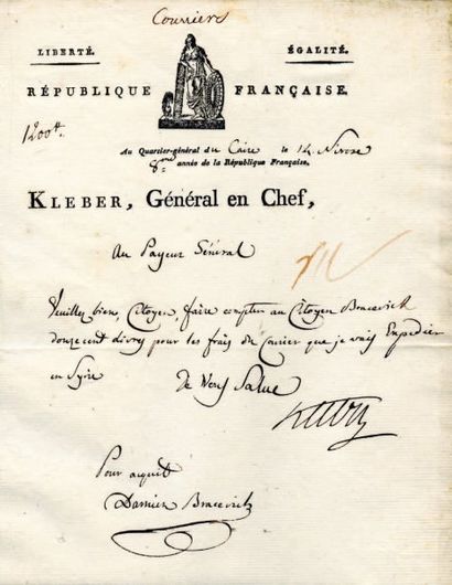 Jean-Baptiste KLÉBER (1753-1800) général. L.S., Q.G. du Caire 14 nivose VIII (4 janvier...